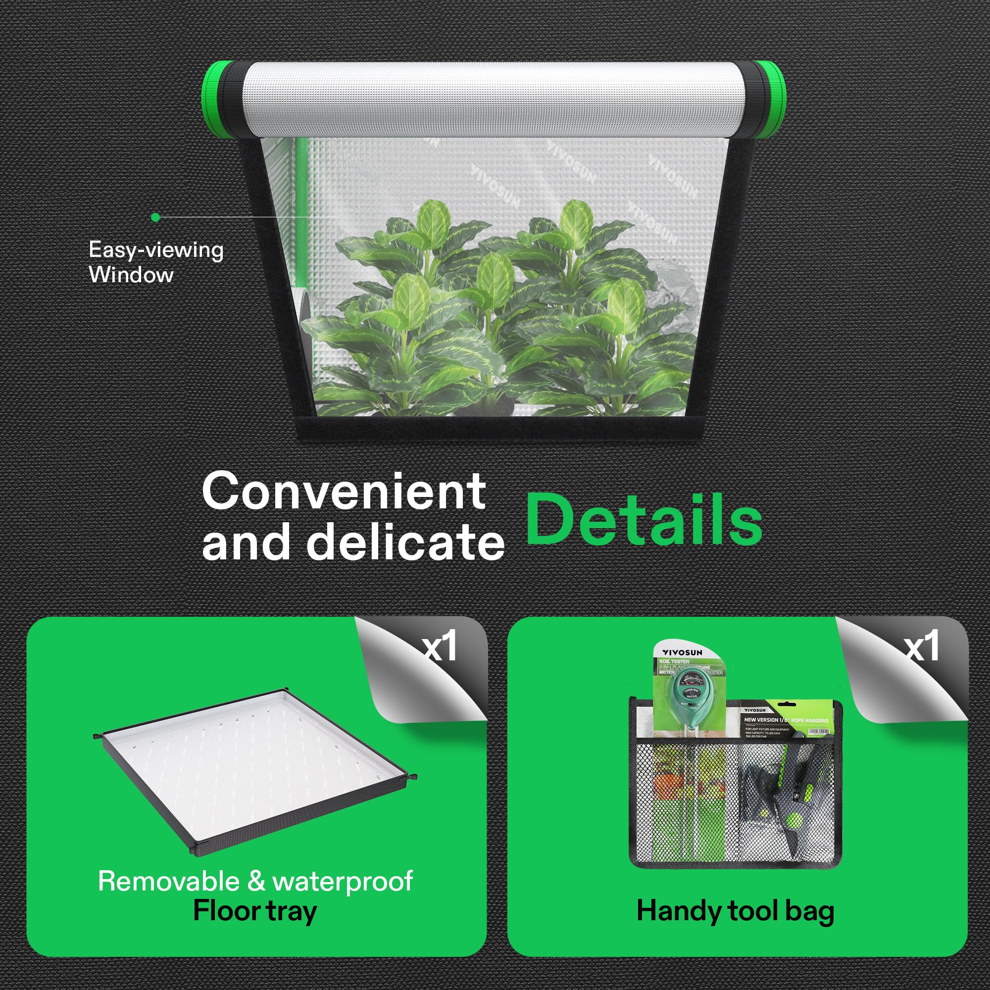 VIVOSUN inner tool organizer and hanging straps holding lights and gardening tools