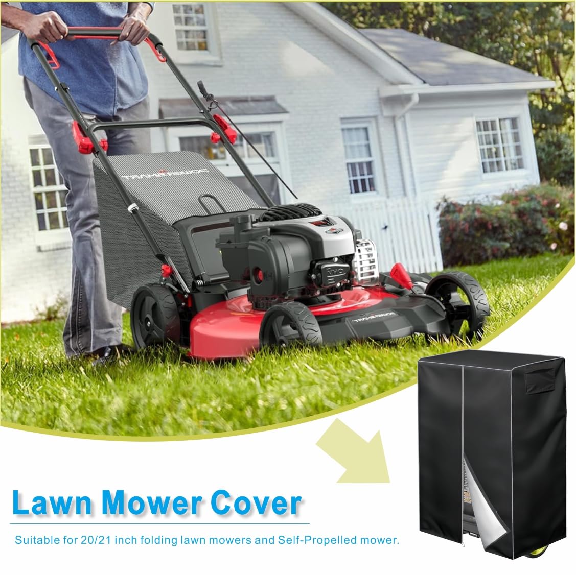 VIYOYOUNG covered mower in garage showing tidy storage and dust protection benefit