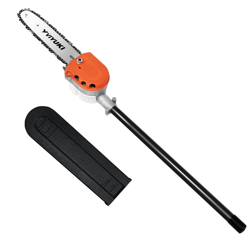 VIYUKI front view of pole saw attachment showing compact design and quick mounting benefit