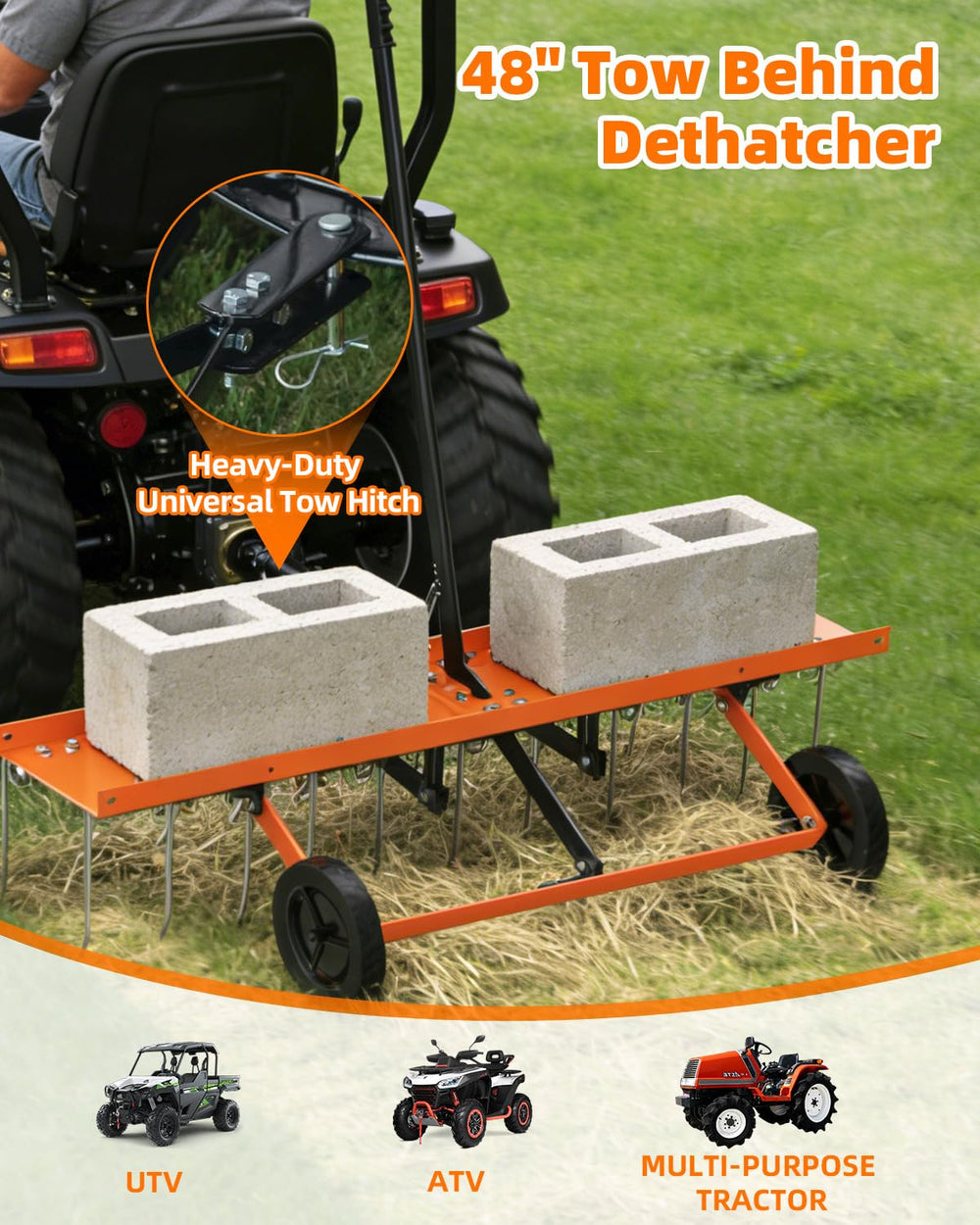 Vlaeng connected to a lawn tractor demonstrating universal tow compatibility