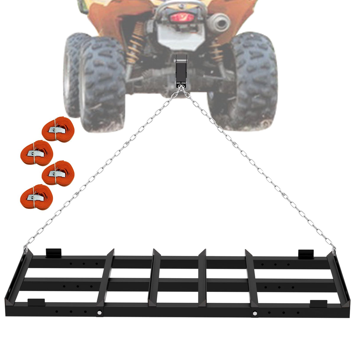 Vlaeng front view of 4 ft drag harrow showing full frame and rake benefit