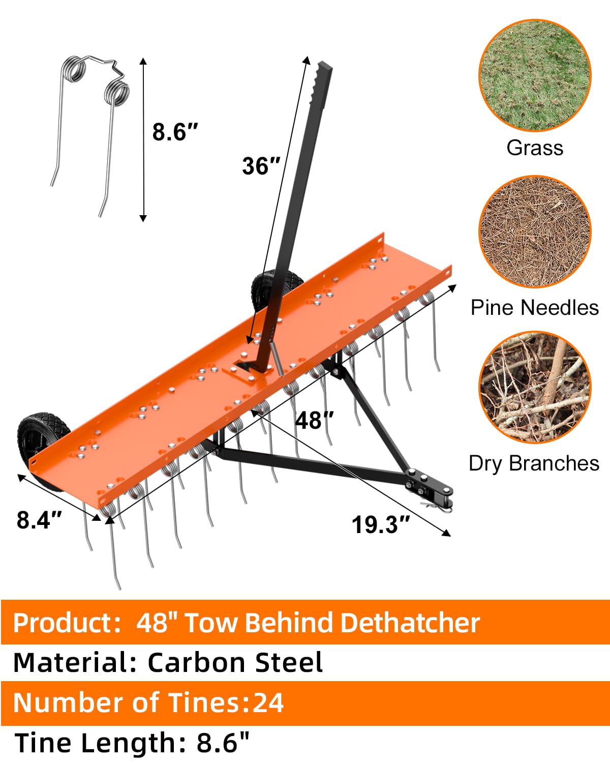 Vlaeng close-up of 24 rust-resistant spring tines for effective thatch removal