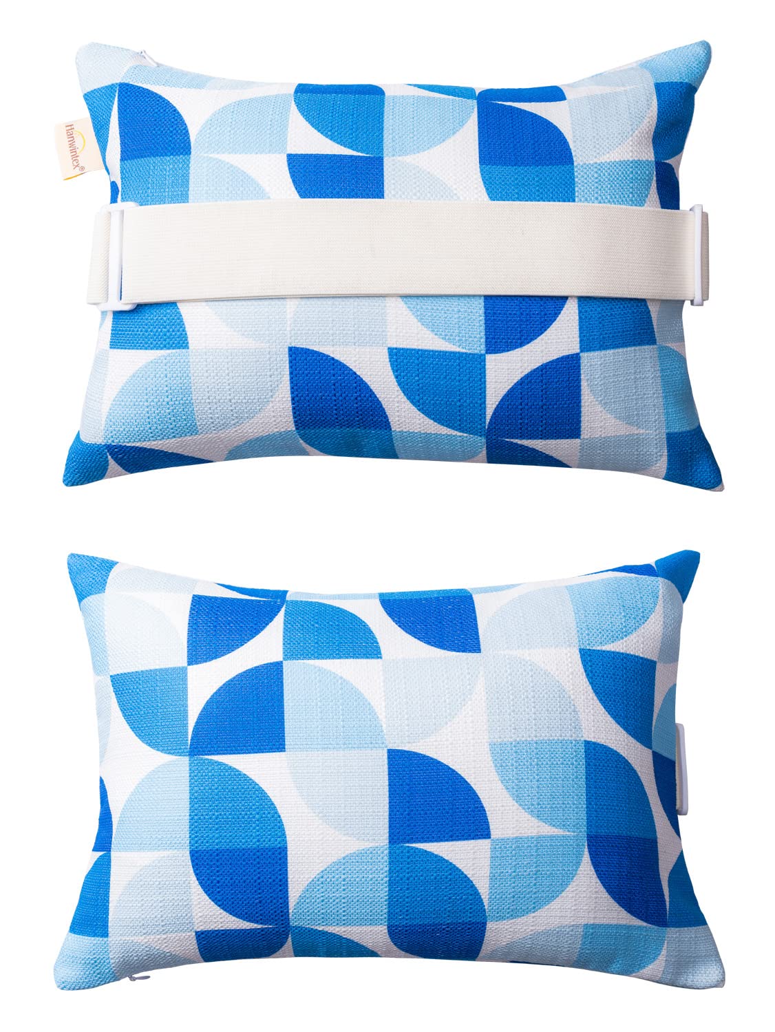 vmgreen front view of two blue headrest pillows showing color and shape, enhancing pool comfort