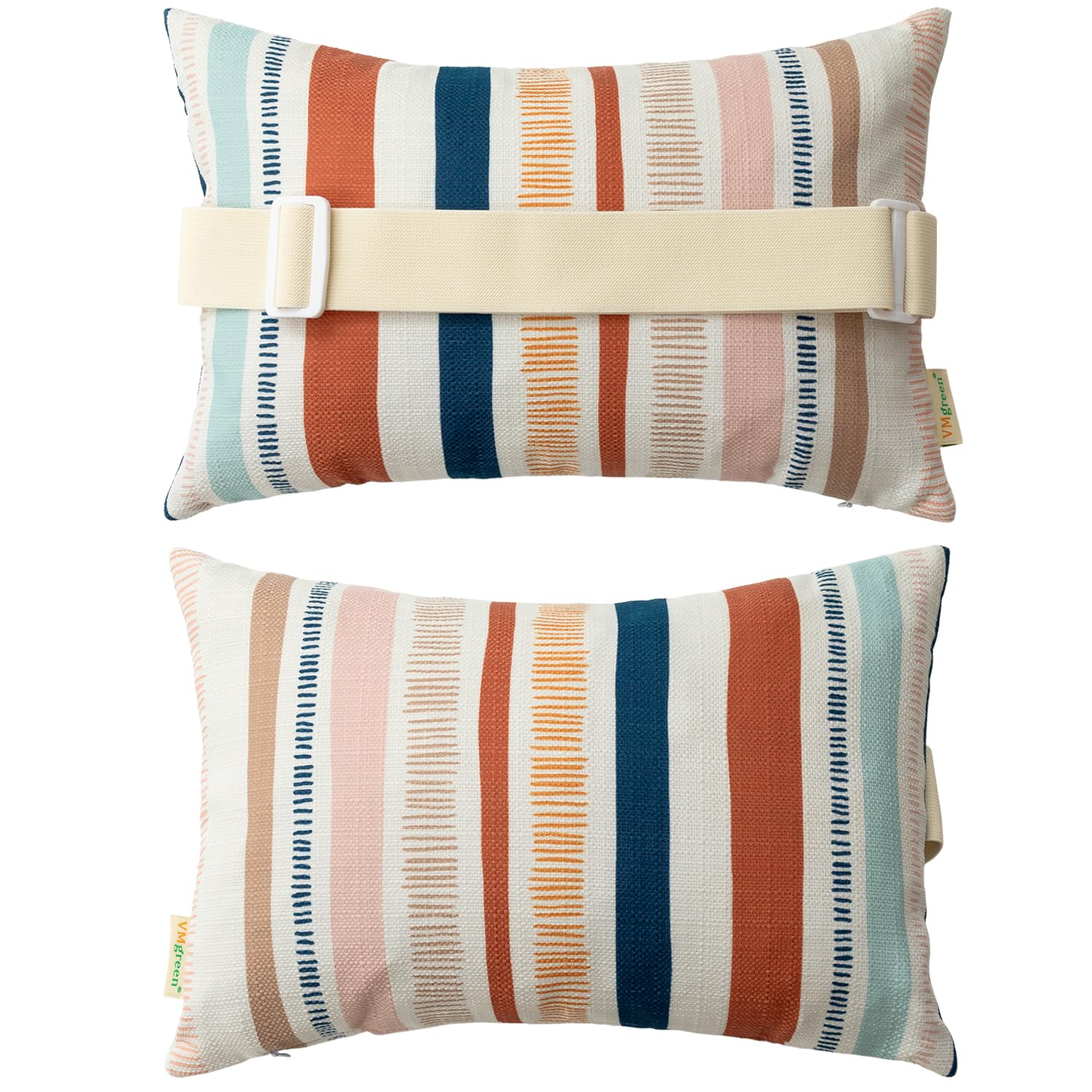 vmgreen front view of two pillows showing waterproof finish and decorative look