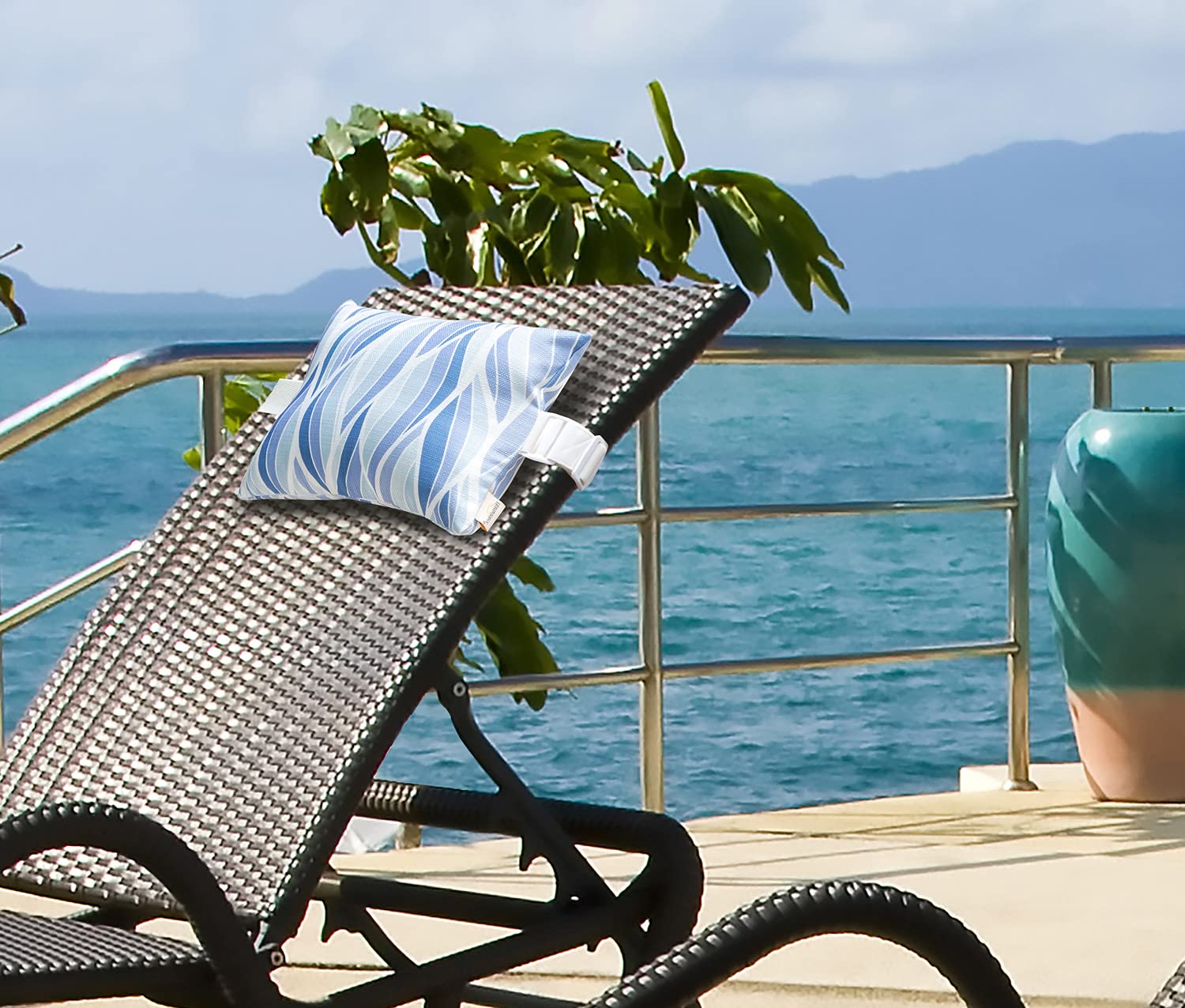 vmgreen attached pillow on a chaise lounge demonstrating secure strap support