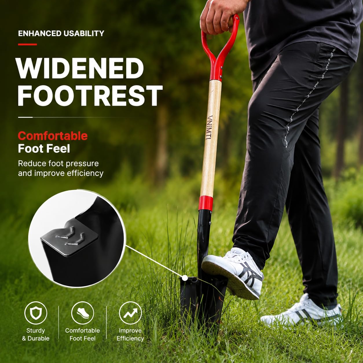 VNIMTI wooden D-handle detail offering comfortable leverage and control