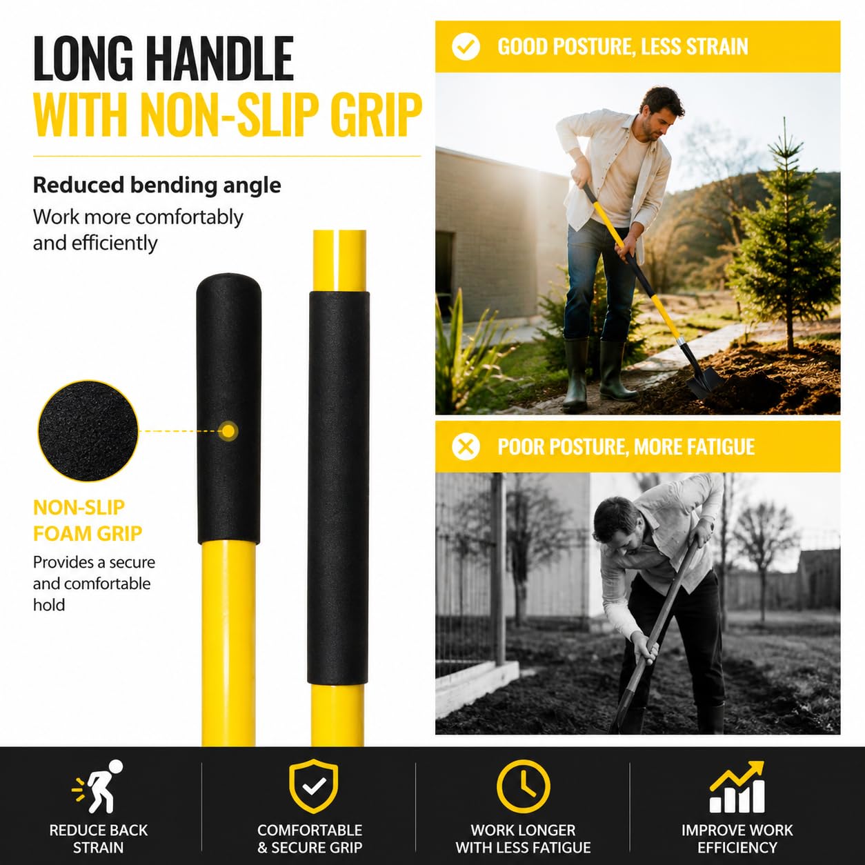 VNIMTI wide tread and blade edge close-up for stable foot pressure and better digging