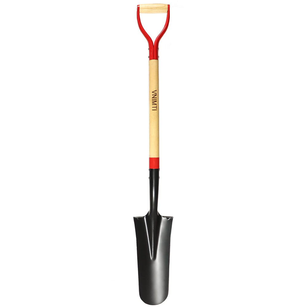 VNIMTI spade front view showing blade and wooden D-grip for precise digging