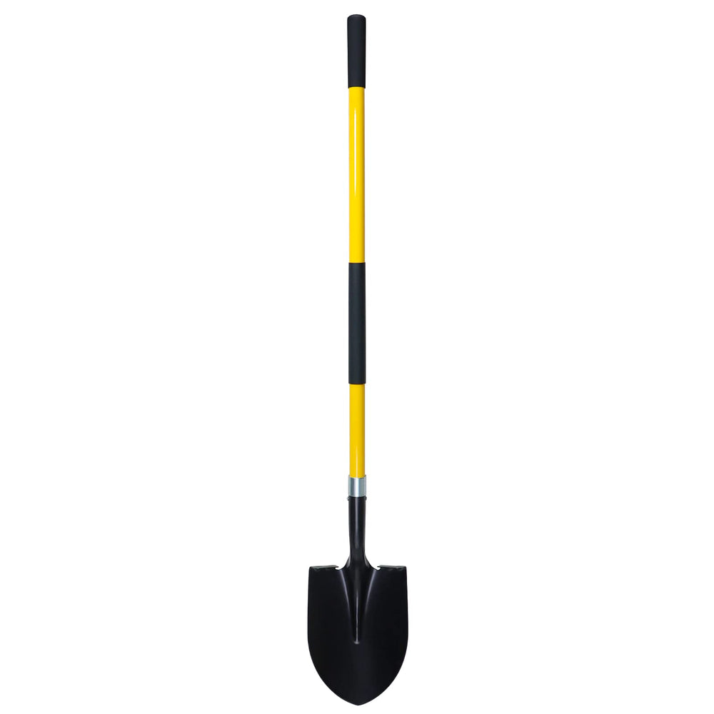 VNIMTI front view of yellow shovel showing full blade and handle, durable construction benefit