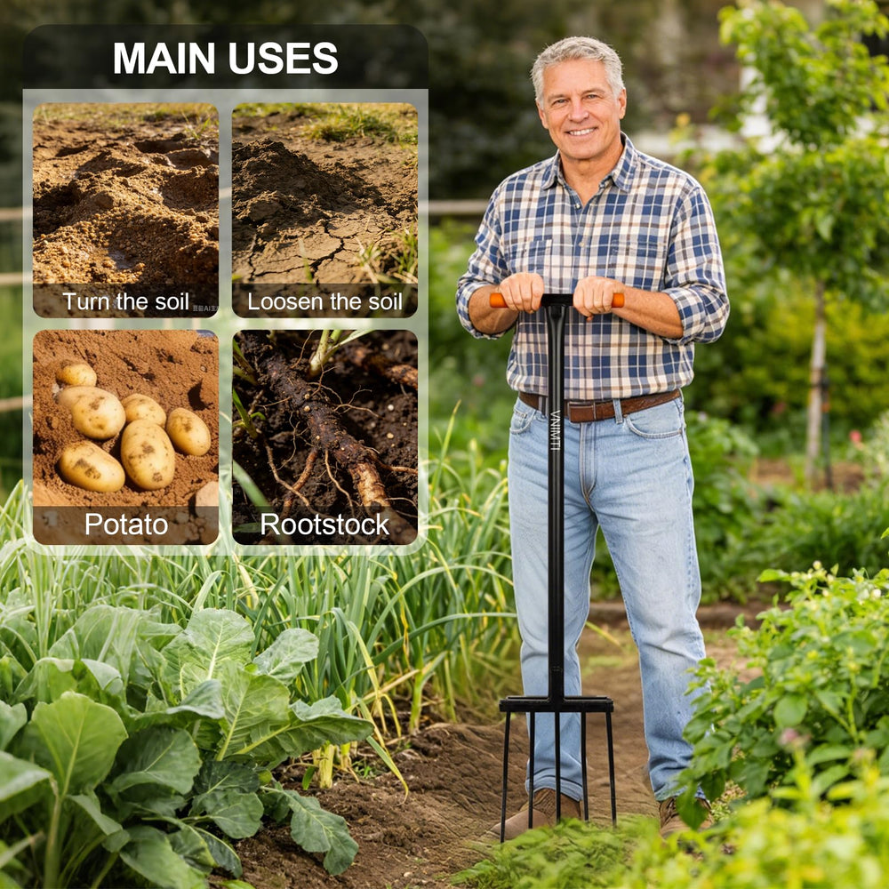 VNIMTI pitch fork in use breaking sod to lift and turn compacted soil easily