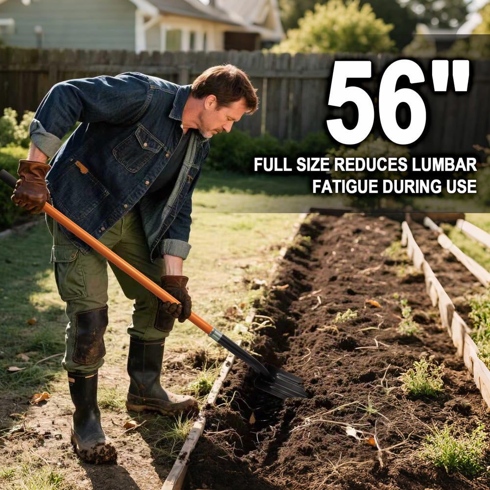 VNIMTI shovel length comparison beside an adult showing reduced bending