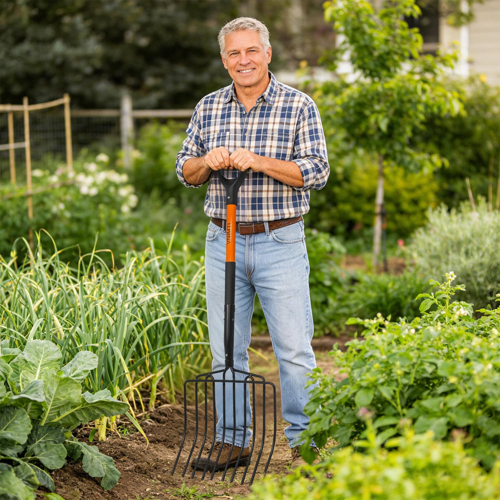 VNIMTI pitch fork leaning in garden shed illustrating ready-to-use convenience