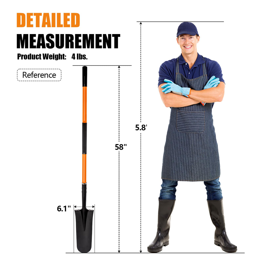 VNIMTI shovel leaning in garden setting conveying professional landscaping reliability