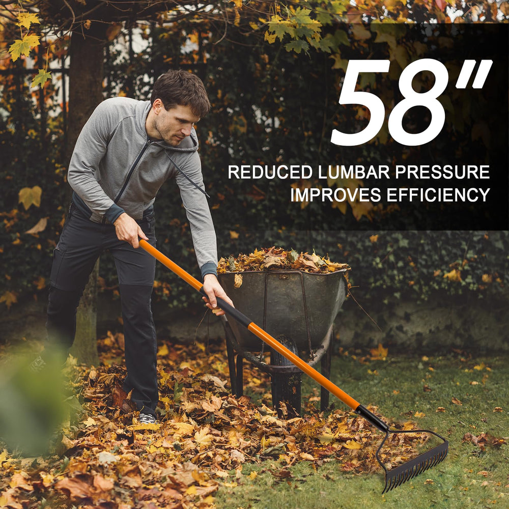 VNIMTI rake being used in garden to level soil and collect leaves for improved yard maintenance