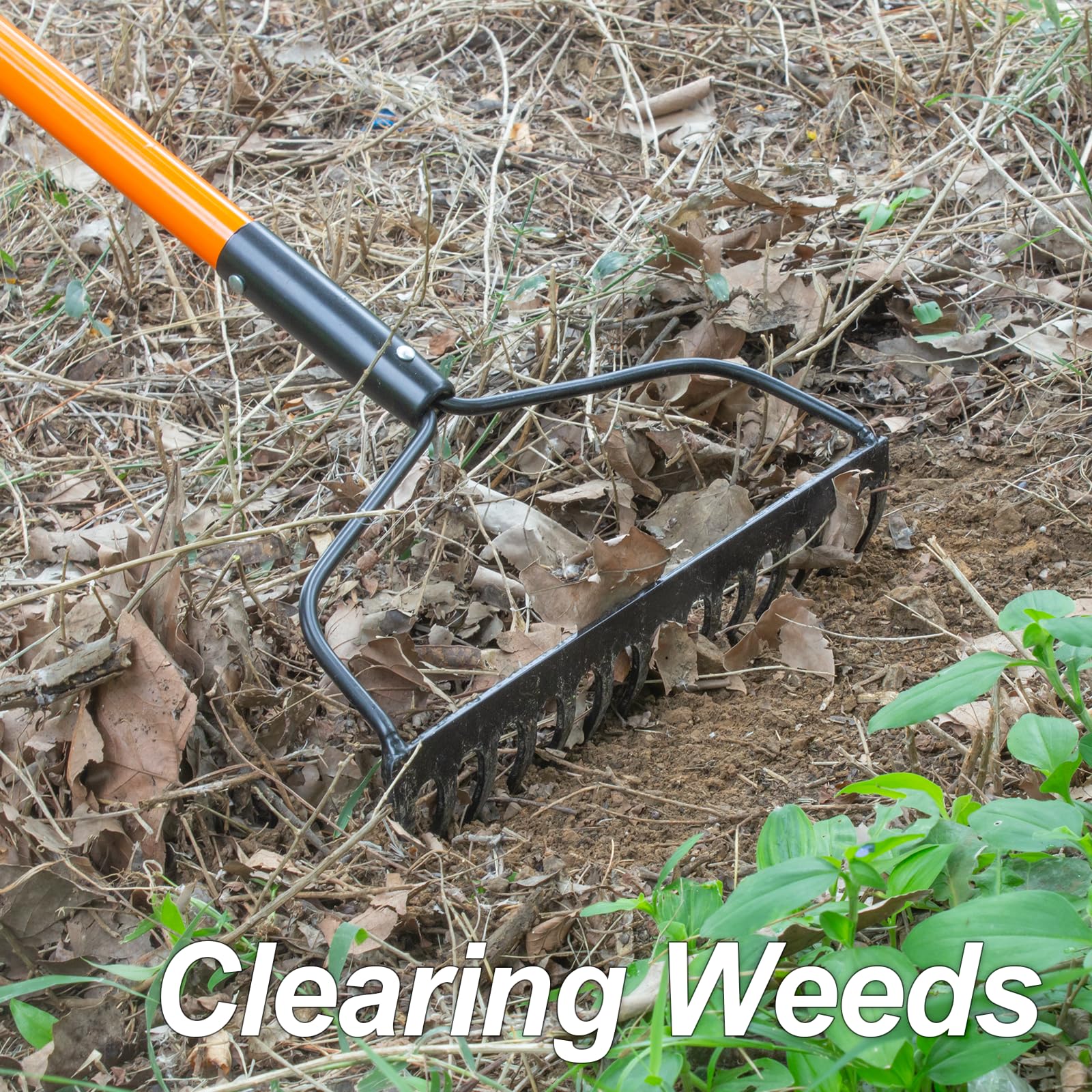 VNIMTI rake beside a yard tool for scale showing 58-inch fiberglass handle reduces bending