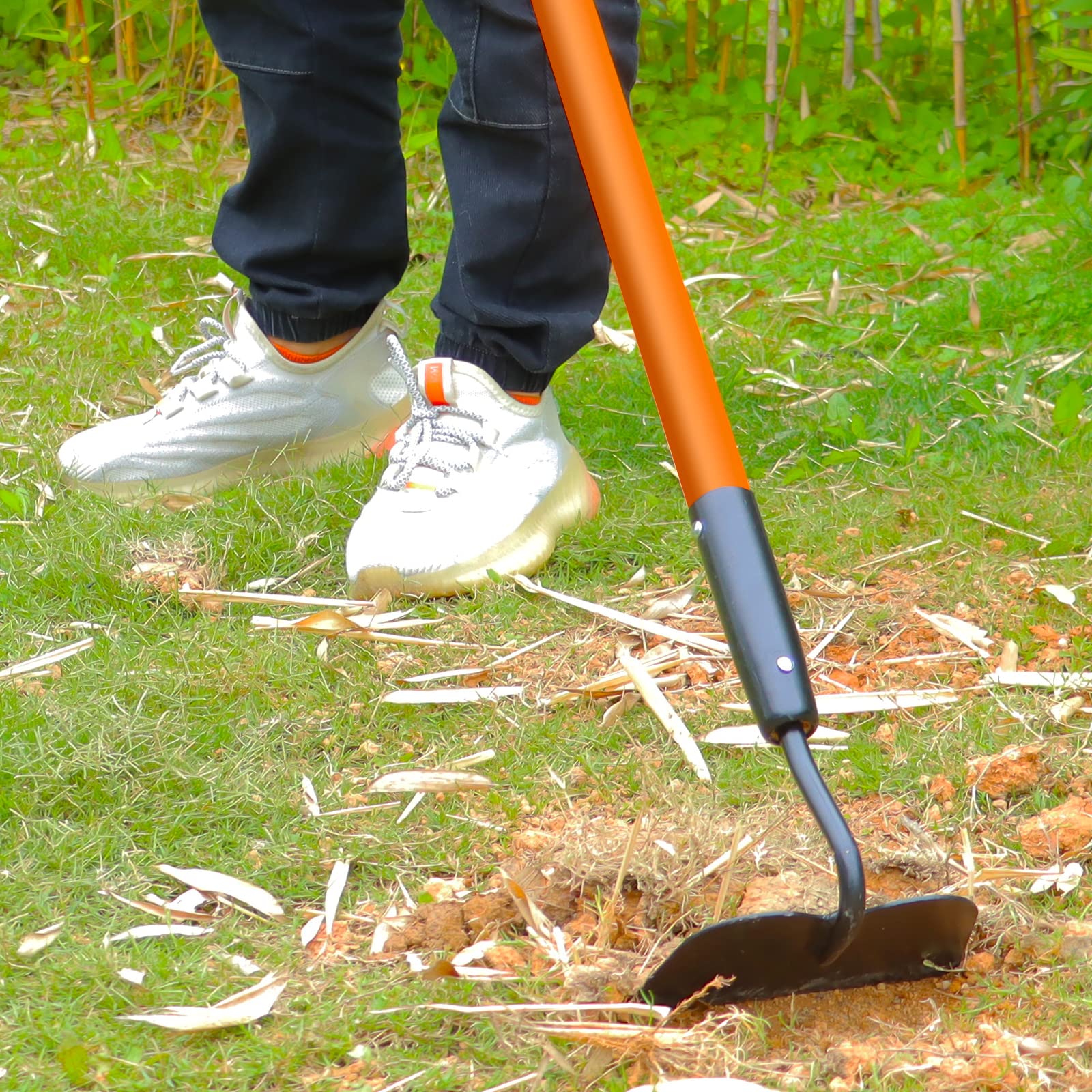 VNIMTI hoe next to rake showing 58 inch scale for posture benefit