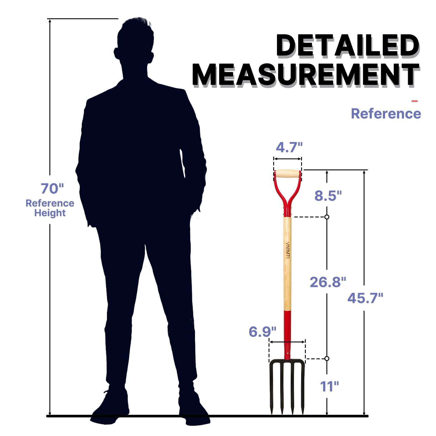 VNIMTI garden fork beside ruler showing 45-inch length for scale and reach