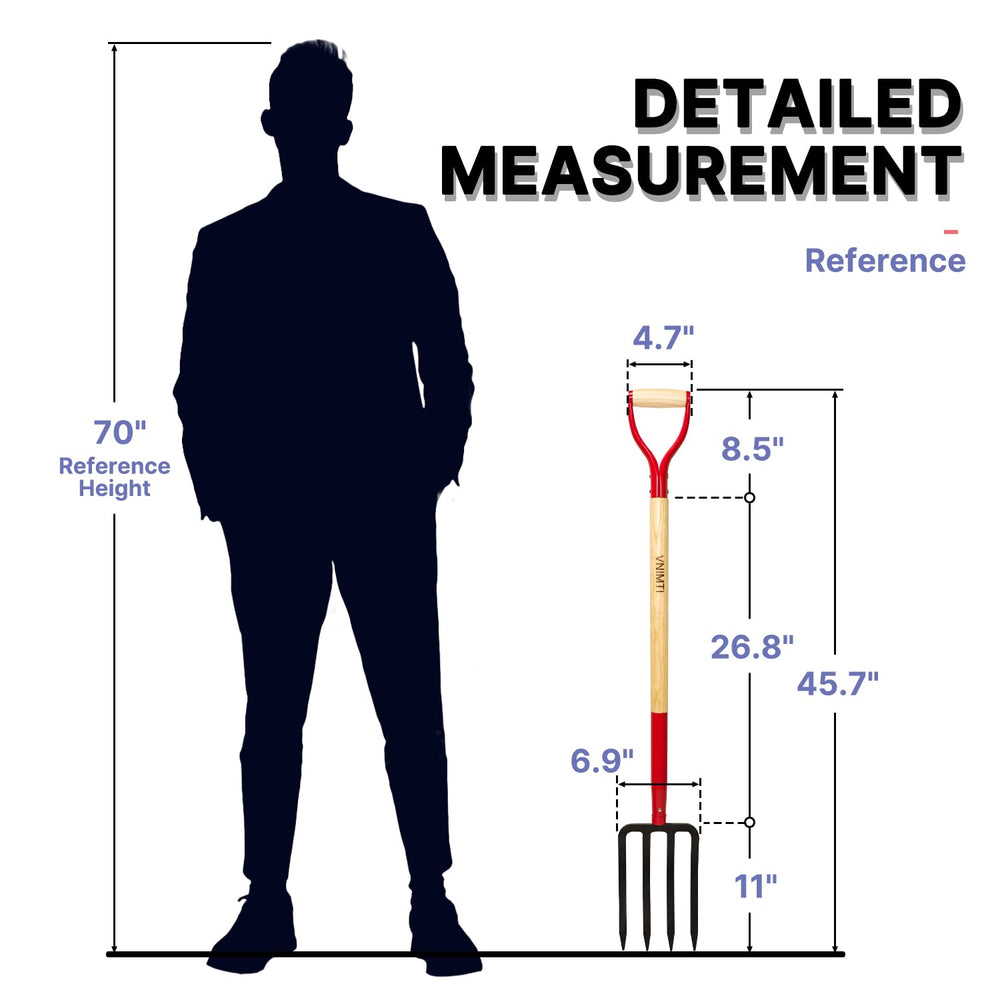 VNIMTI garden fork beside ruler showing 45-inch length for scale and reach