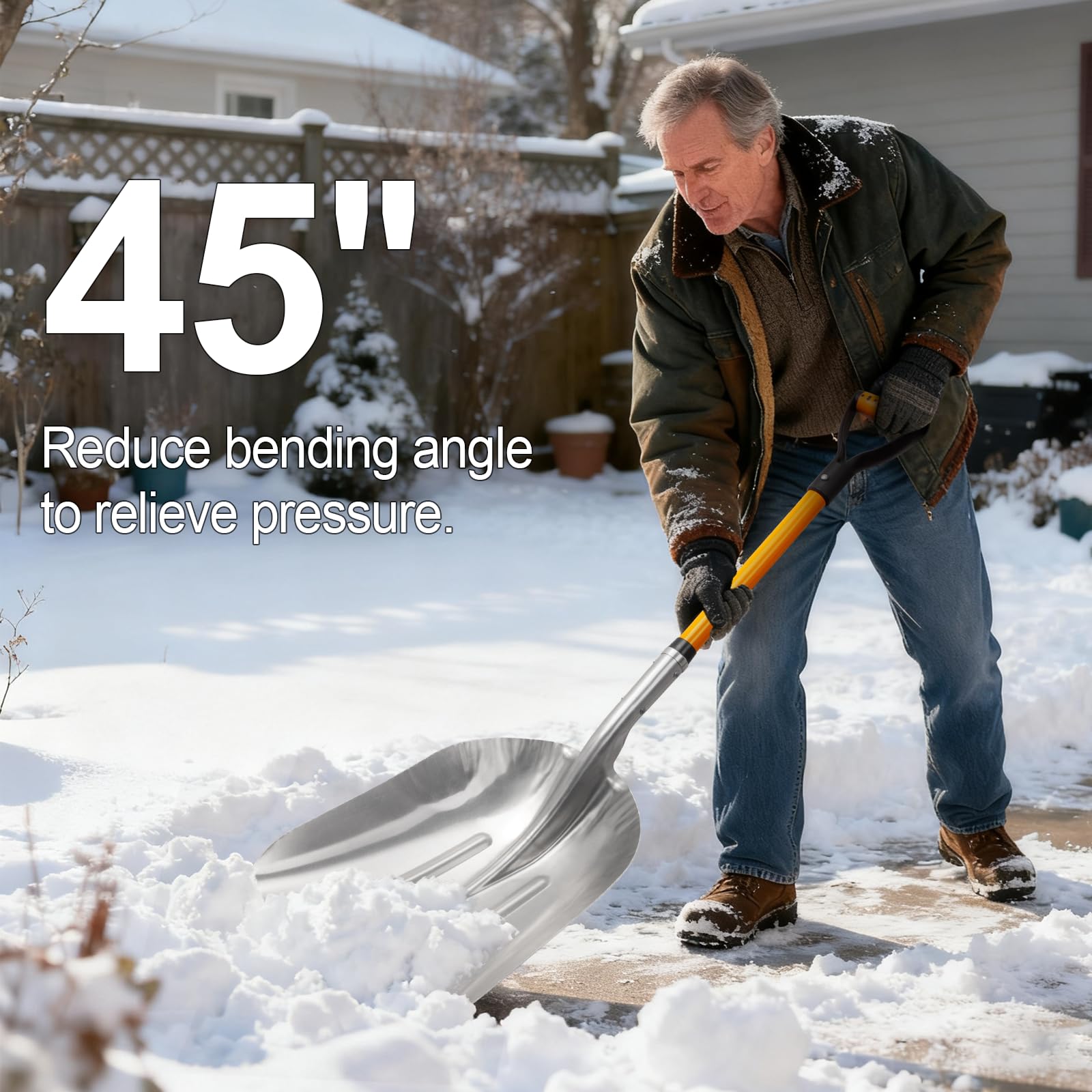 VNIMTI shovel next to foot showing 45-inch scale for better reach and leverage