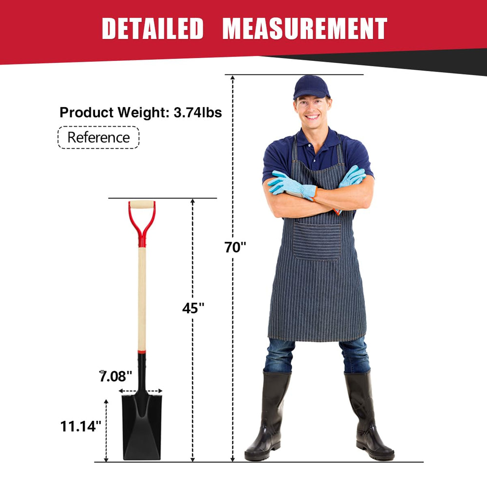 VNIMTI shovel next to tape measure showing 45-inch length for reduced bending