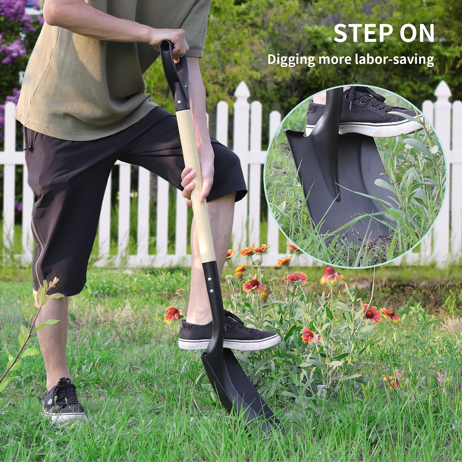 VNIMTI D-handle detail for secure grip and improved leverage while digging