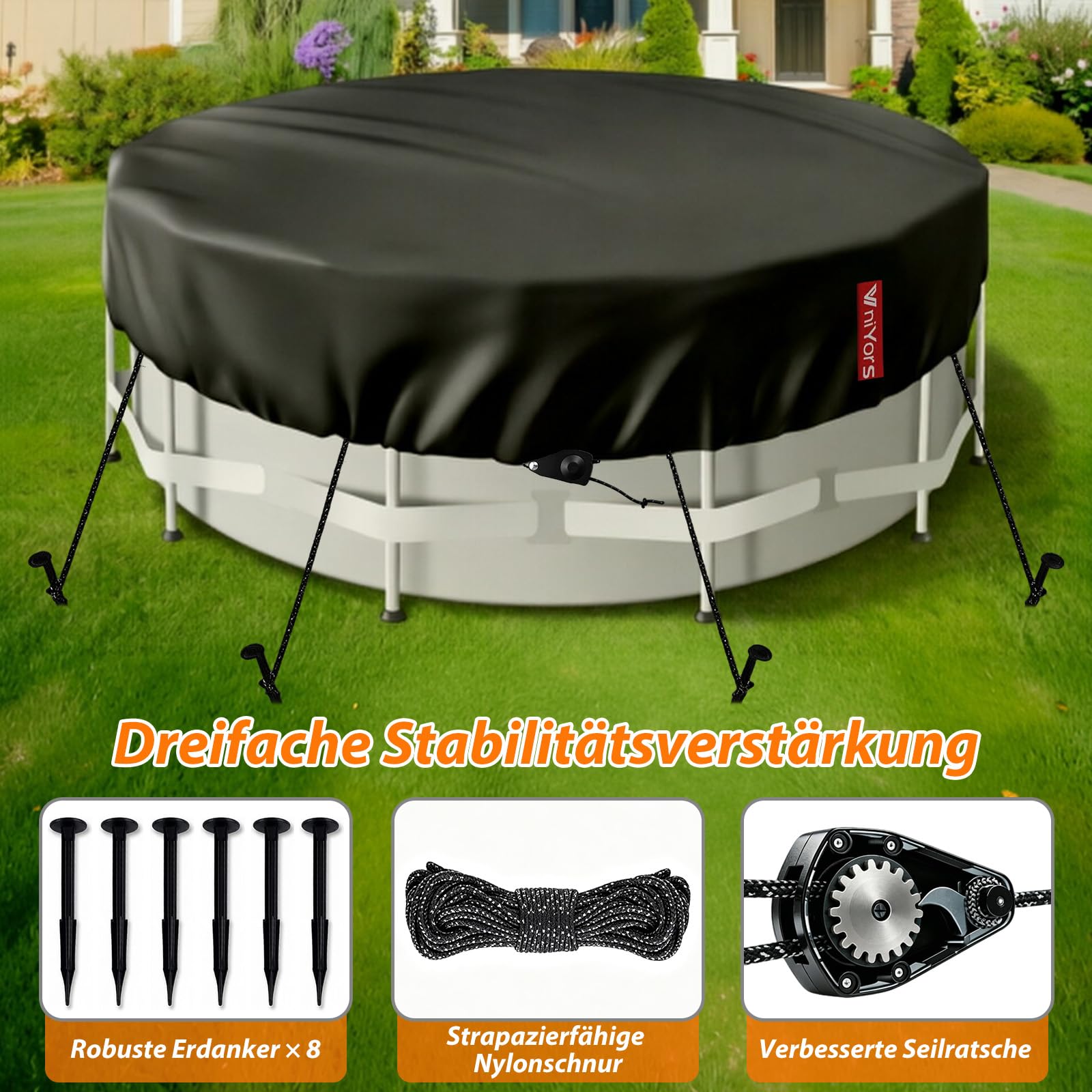 VniYors in backyard lifestyle scene protecting pool and saving time
