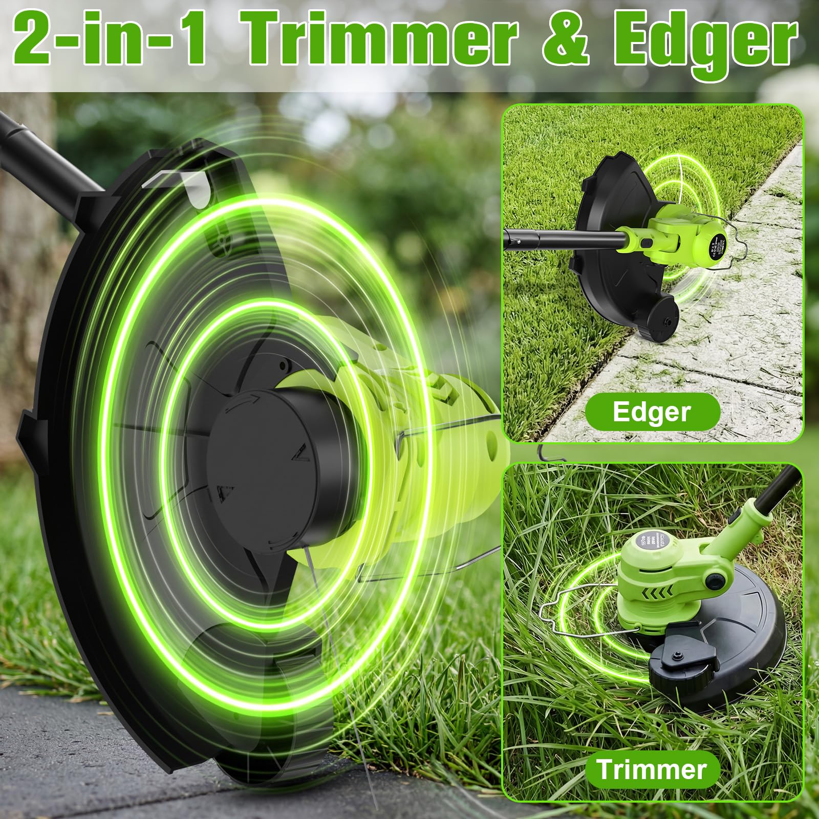 VOERJIA 90-degree pivot head converting trimmer into vertical edger for straight lines