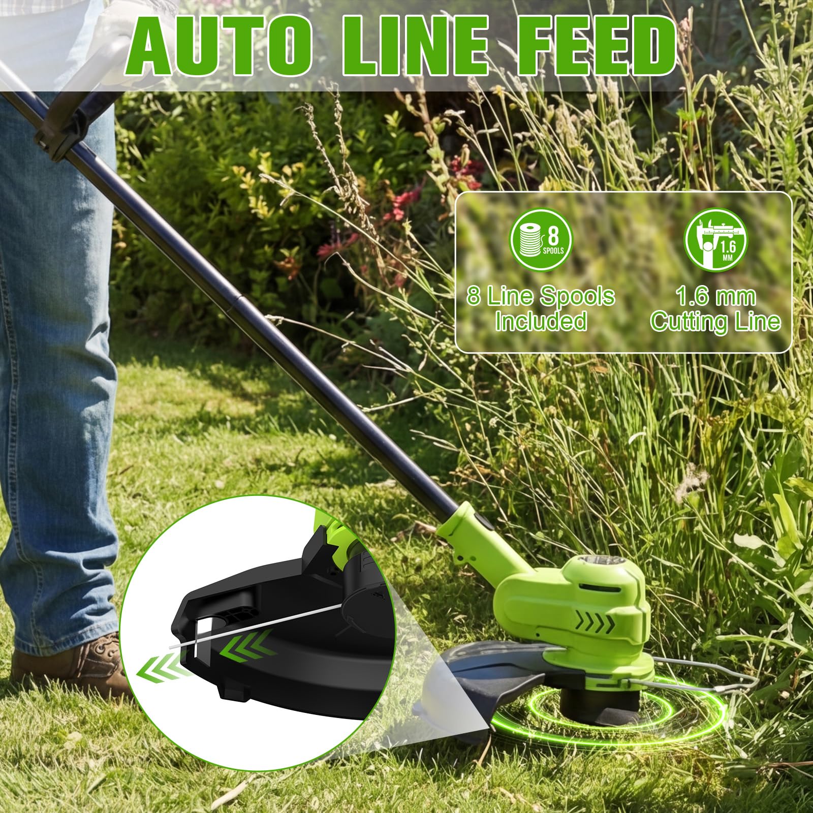 VOERJIA close-up of auto-feed spool showing easy line advance and low fuss benefit