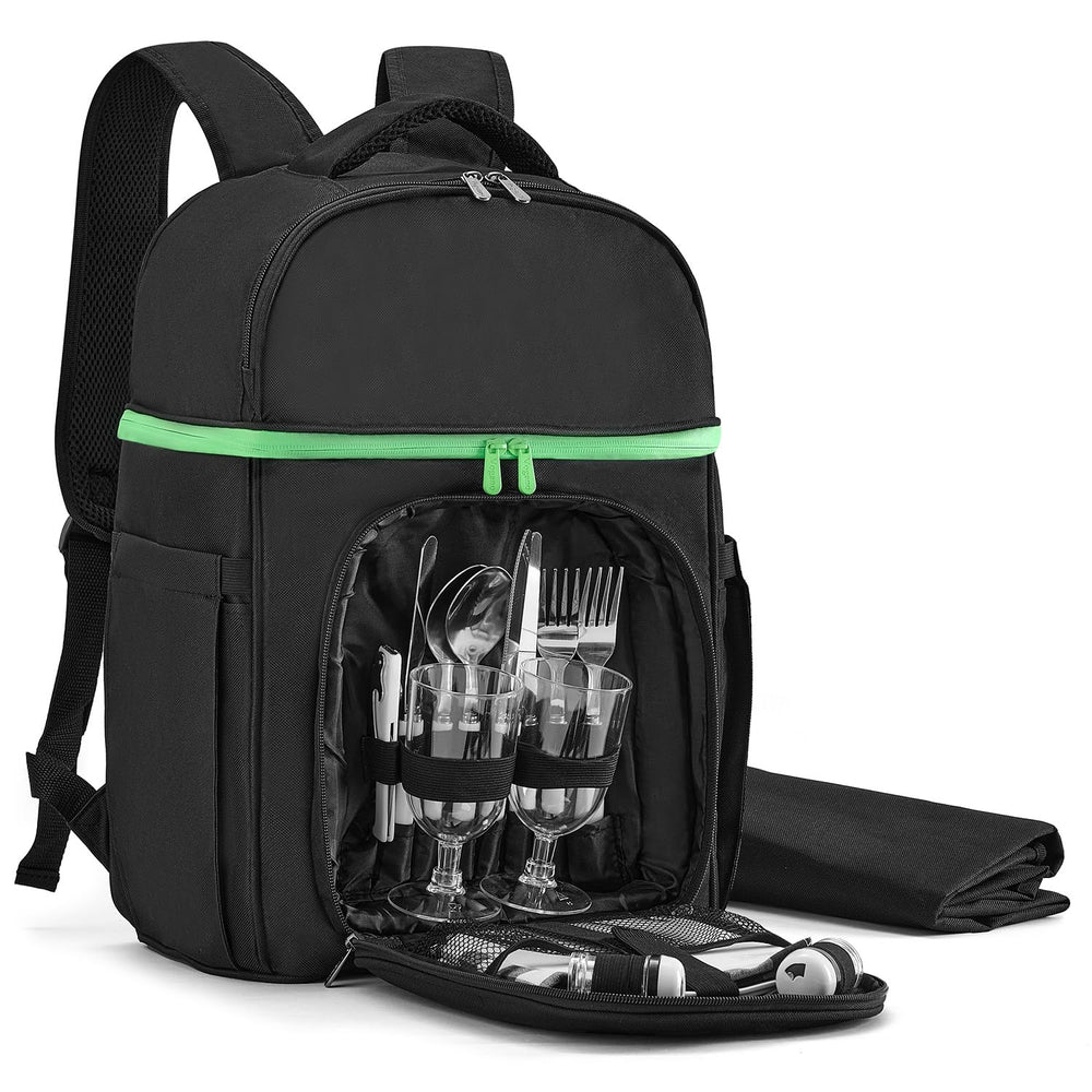 Vogano front view of backpack showing sleek black design and pockets, easy packing benefit