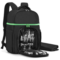 Vogano front view of backpack showing sleek black design and pockets, easy packing benefit