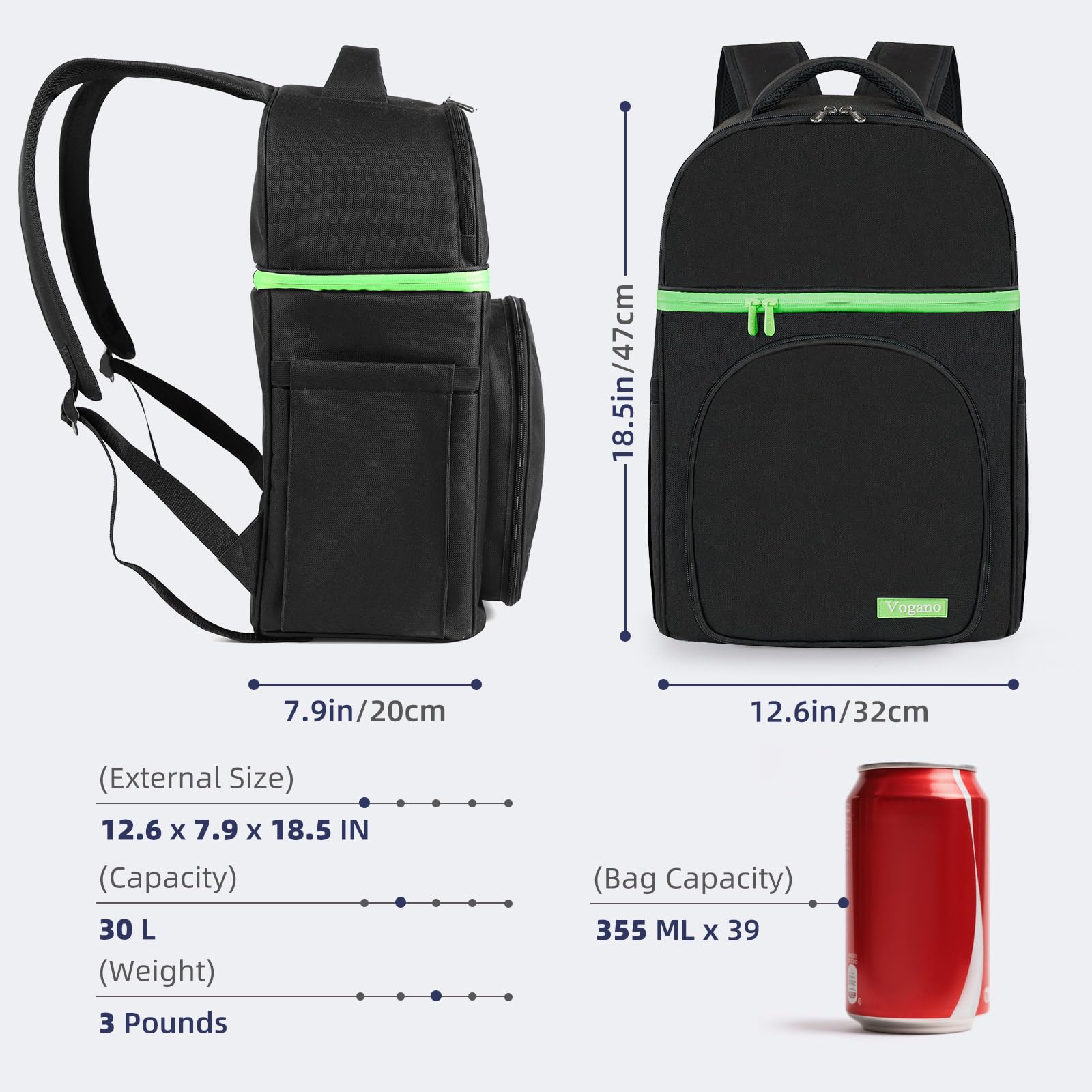 Vogano open backpack showing insulated lower cooler and dry upper compartment, keeps food separate