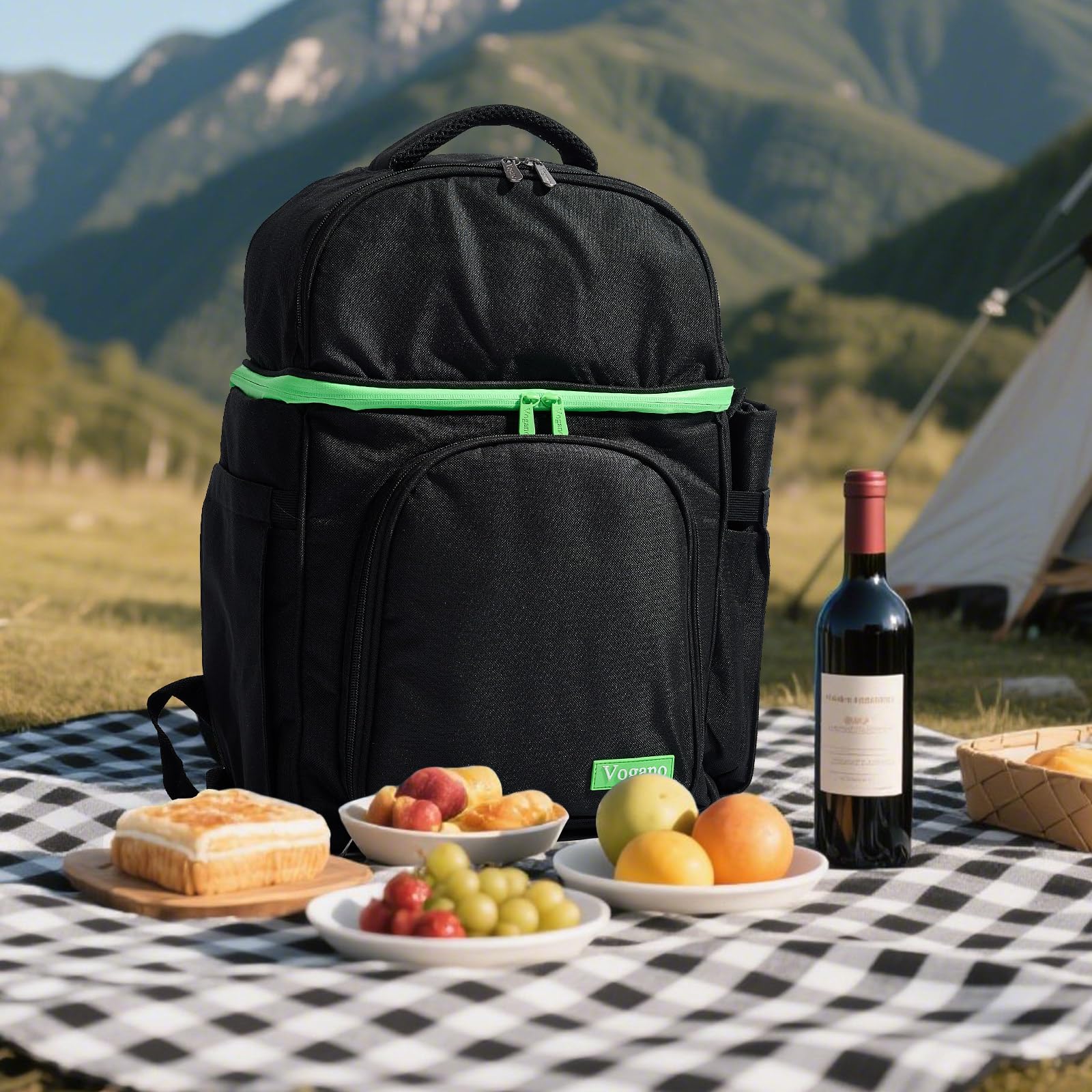 Vogano picnic in park with two people enjoying meal from backpack, portable dining made simple
