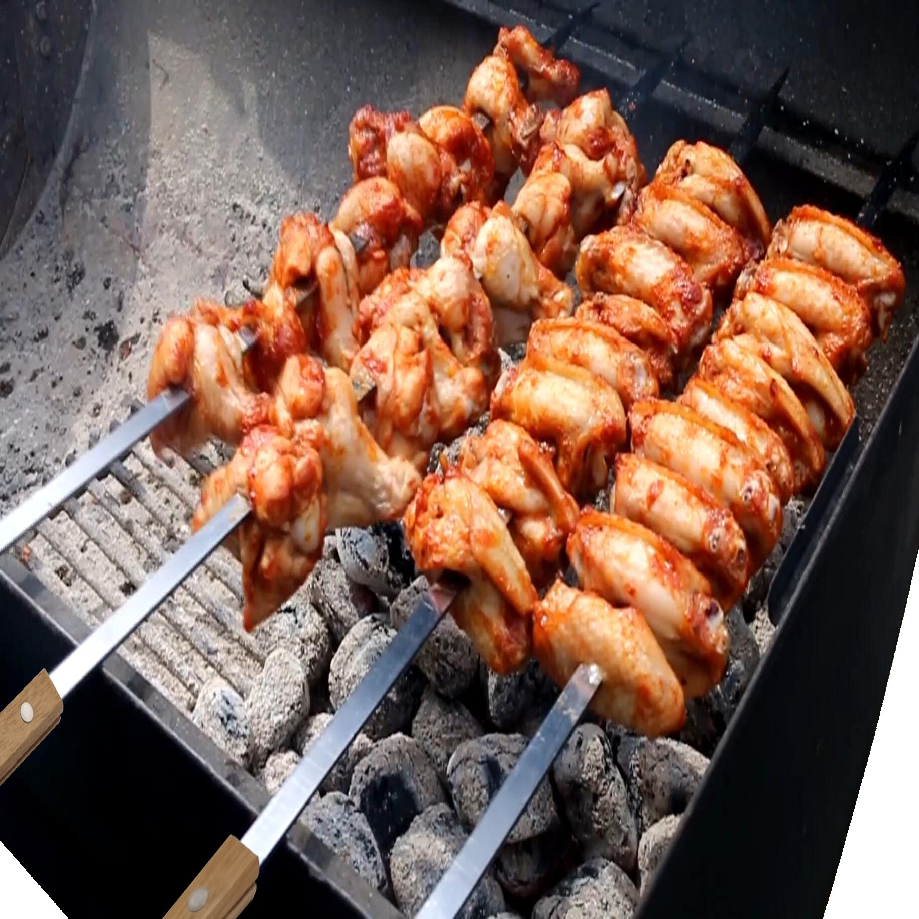 Vokop skewers loaded with vegetables and meat for even grilling