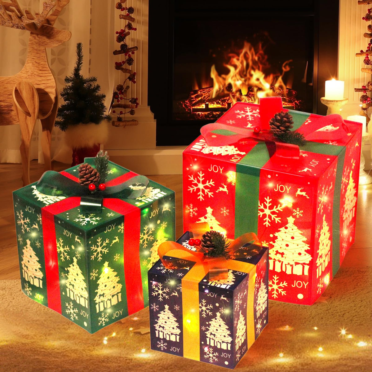 vokoroad front view of stacked lighted gift boxes, adds warm holiday glow