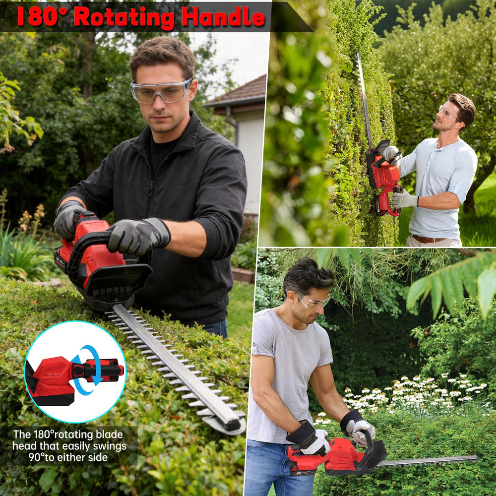 vokoroad cordless trimmer in use on hedge showing cordless mobility benefit