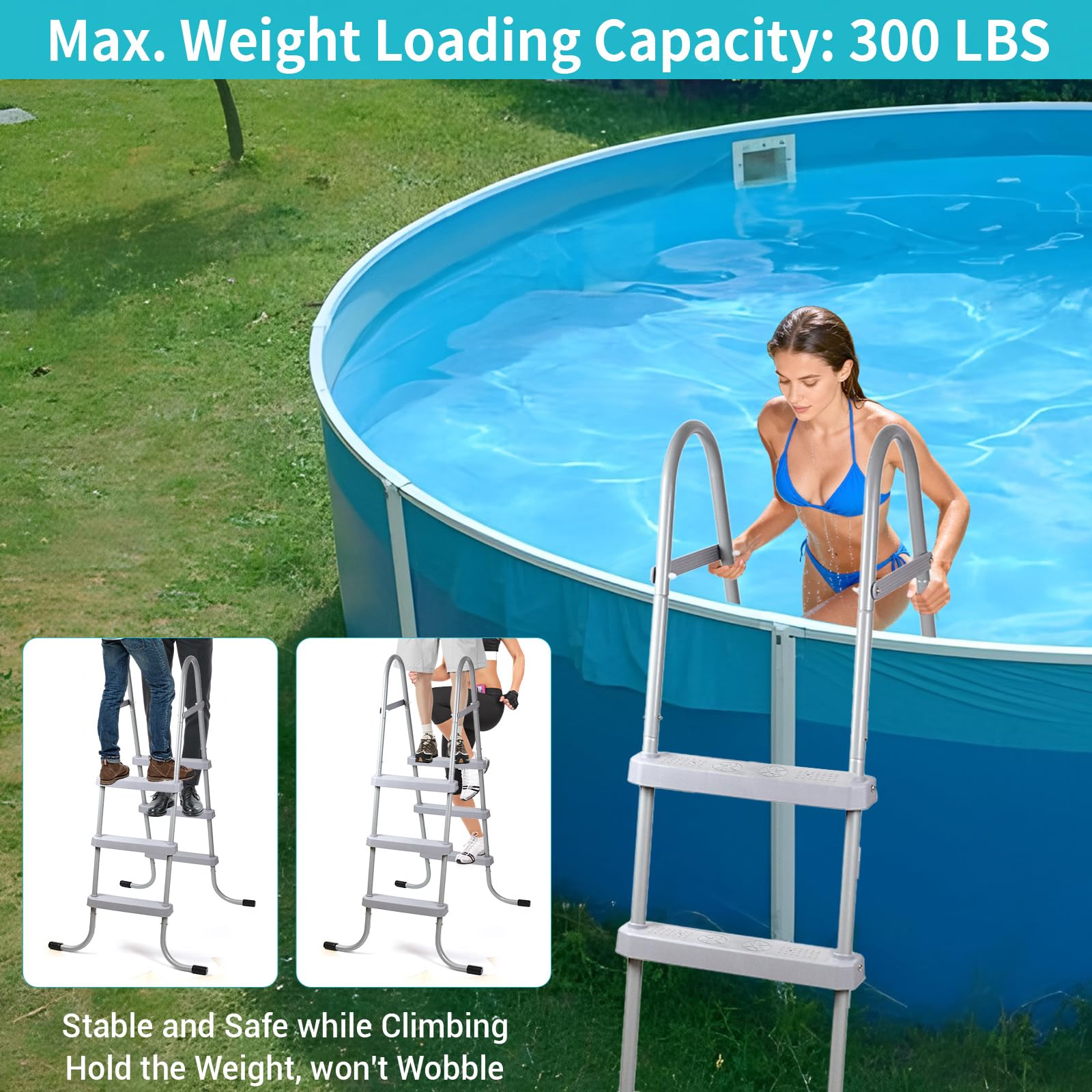 vokoroad lifestyle family using ladder showing easy, safe pool access for users