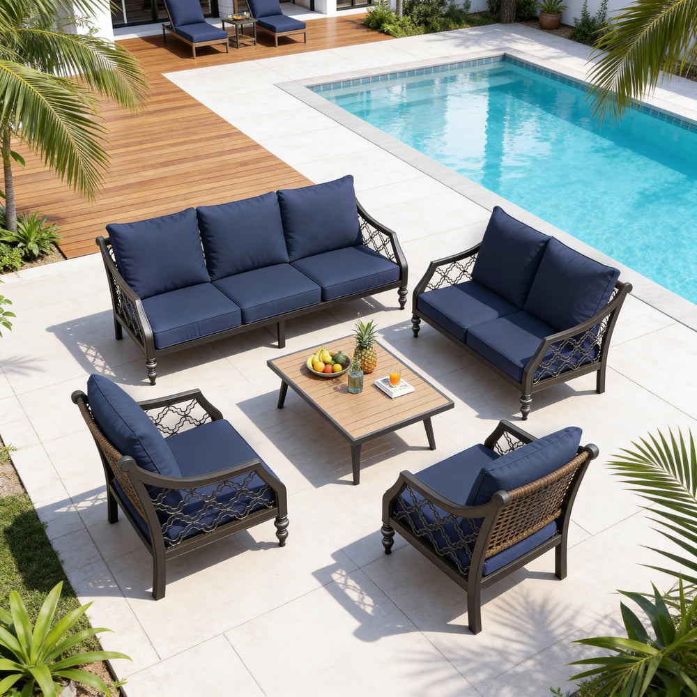 Volans cushions styled on patio furniture creating a comfortable outdoor seating area