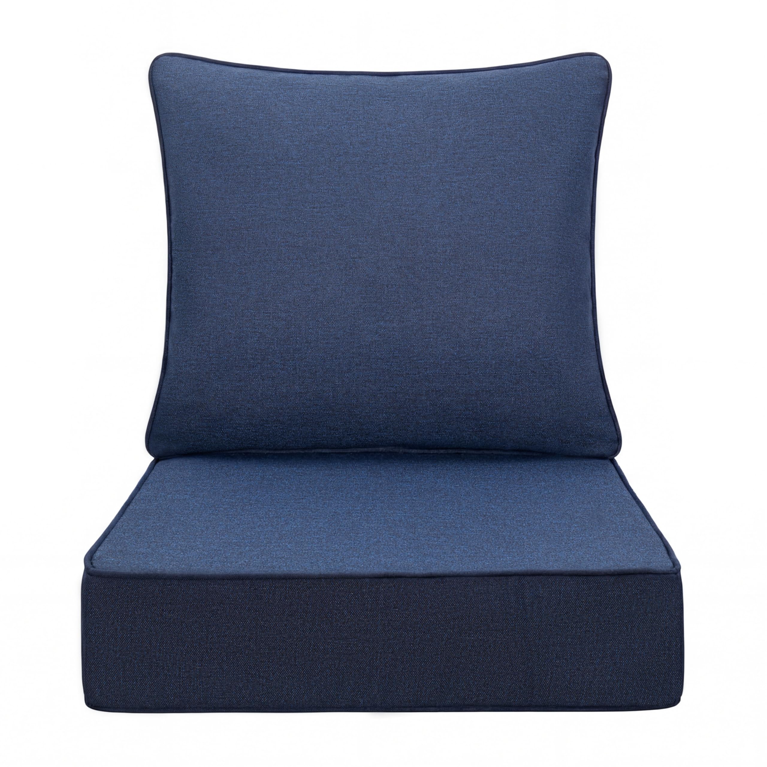 Volans front view of dark blue outdoor cushion set showing neat finish and protection