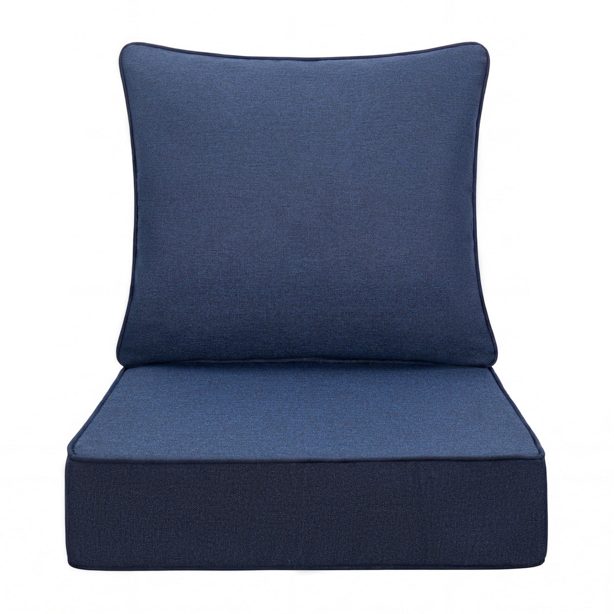 Volans front view of dark blue outdoor cushion set showing neat finish and protection