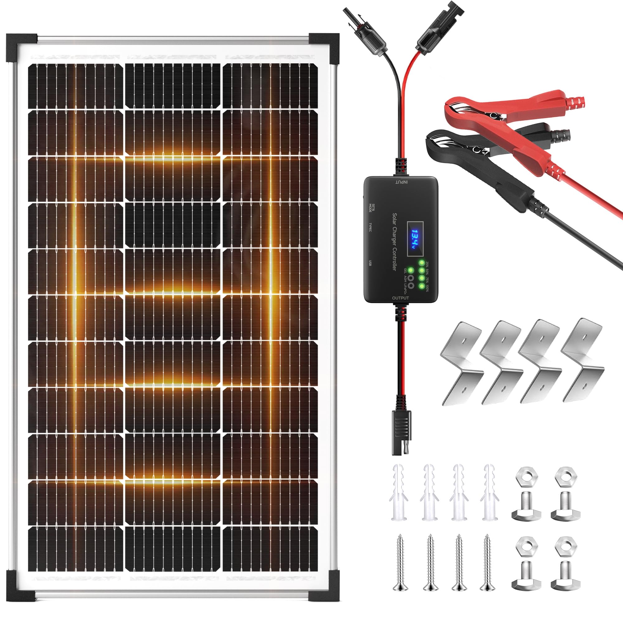 Voltset front view of 100W solar panel kit showing complete package and benefits