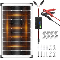 Voltset front view of 100W solar panel kit showing complete package and benefits