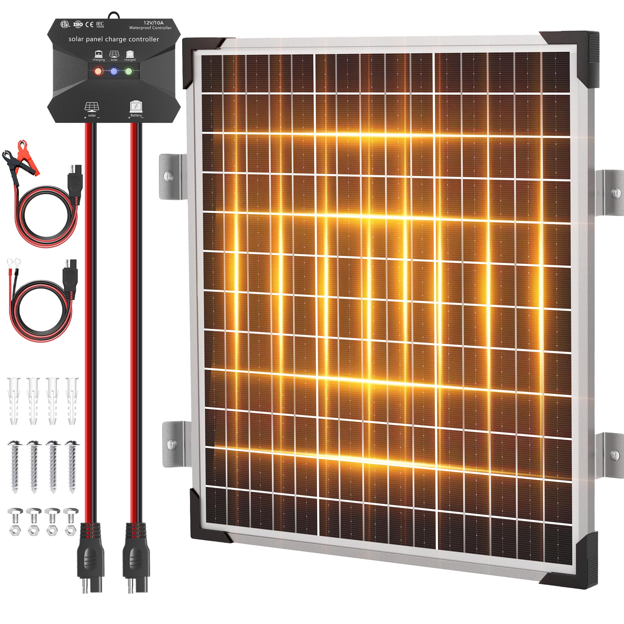 Voltset 50W panel front view showing full durable surface and efficient cells