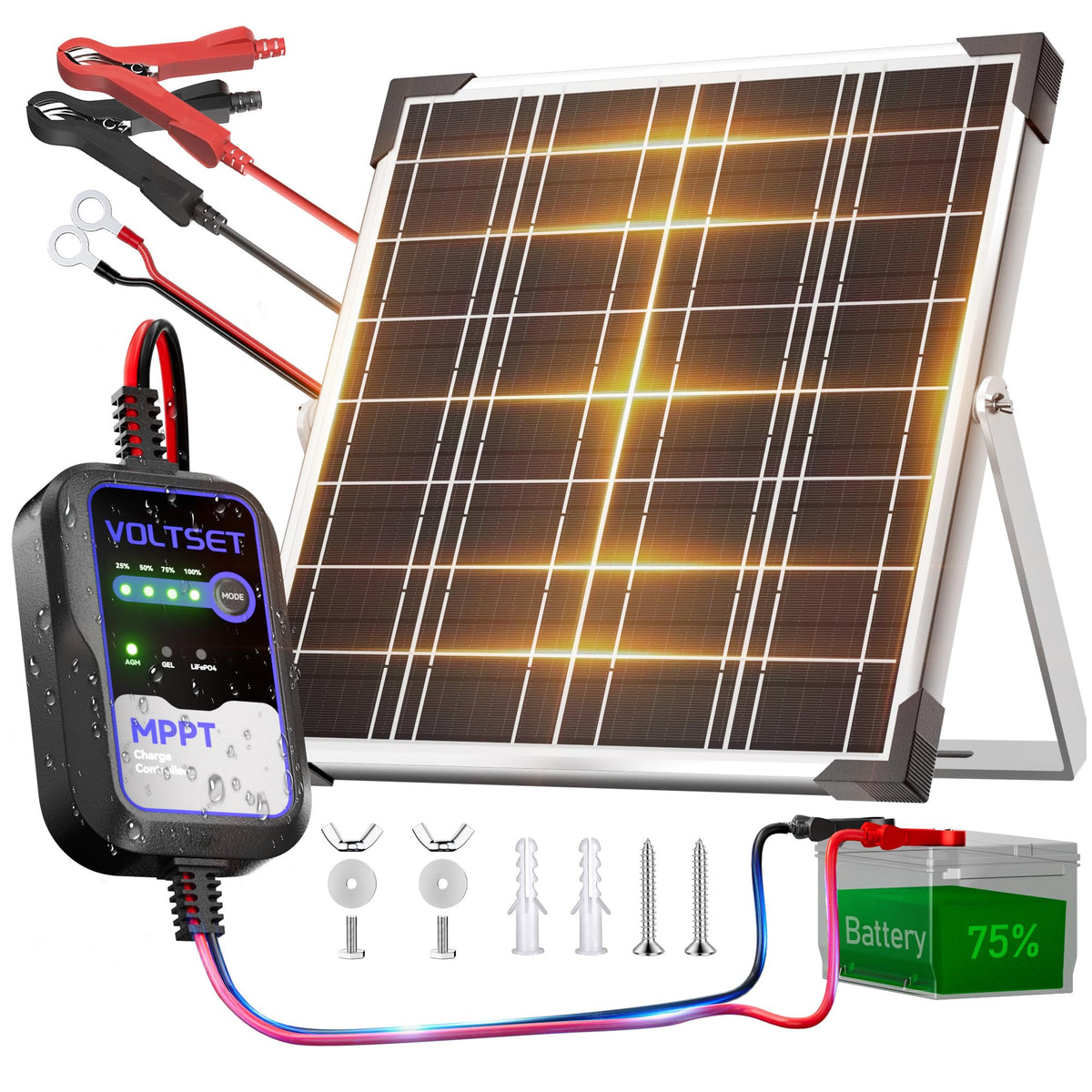 Voltset front view of 20W panel showing durable frame and impact-resistant glass for long life