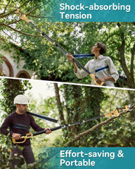 VoltSoul extended pole pruner cutting high branch showing ladder-free reach