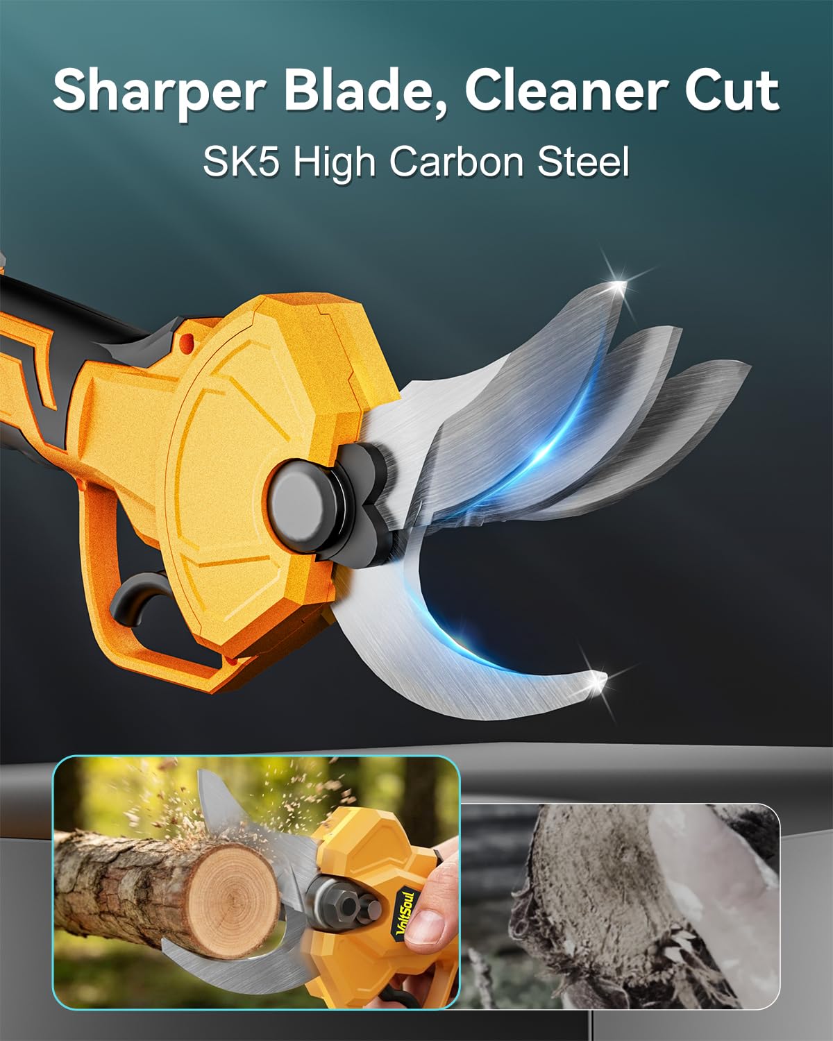 VoltSoul rotating head angled to access awkward branches for flexible cutting