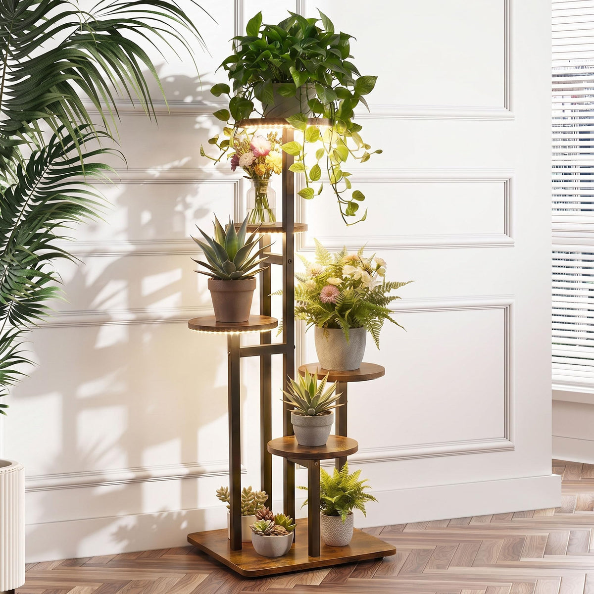 VonDream front view of 5-tier plant stand showing organized plants and space savings