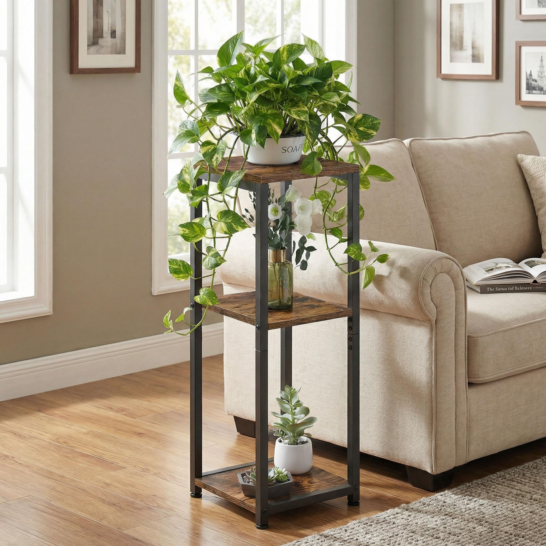 VonDream plant stand placed in a corner maximizing space and visual impact