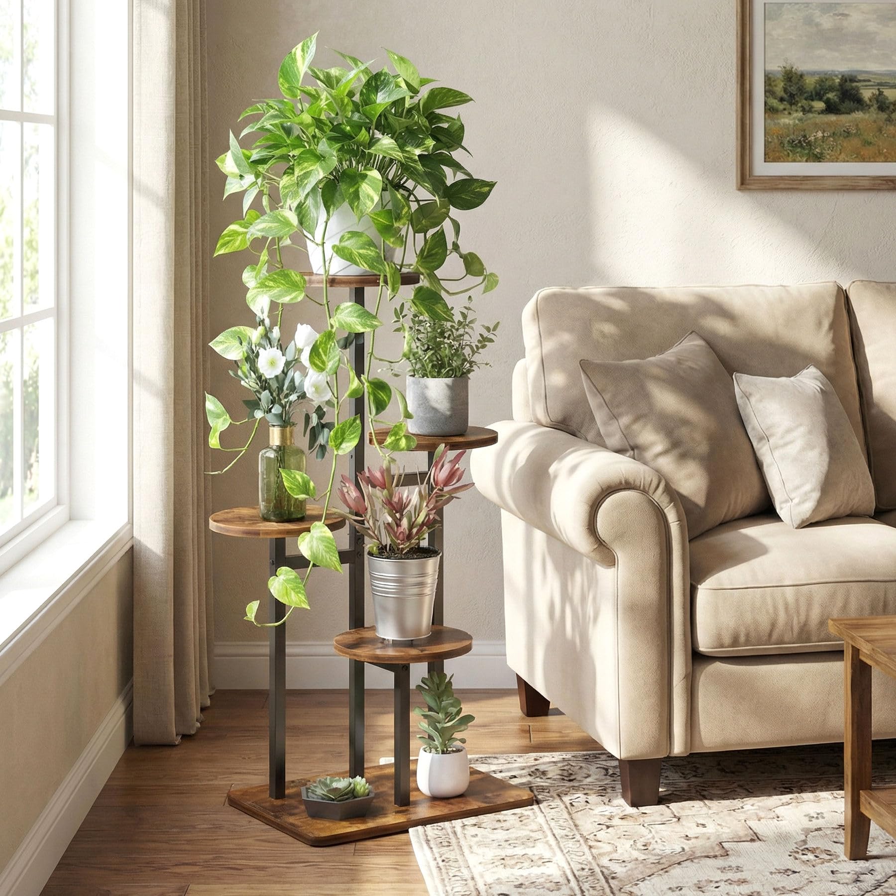 VonDream plant stand placed in a corner, saves floor space benefit
