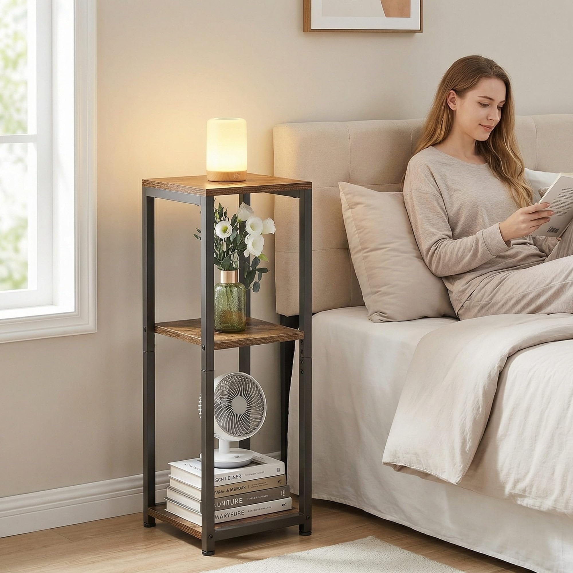VonDream scale shot with potted plant showing height and space-saving benefit