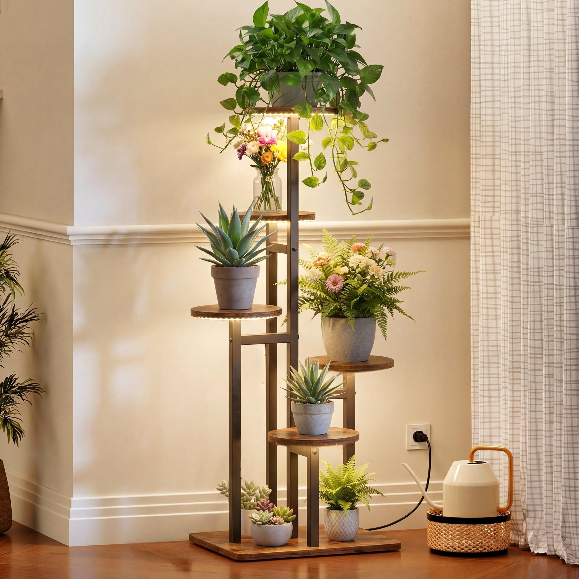 VonDream plant stand fitted into a corner demonstrating compact footprint benefit